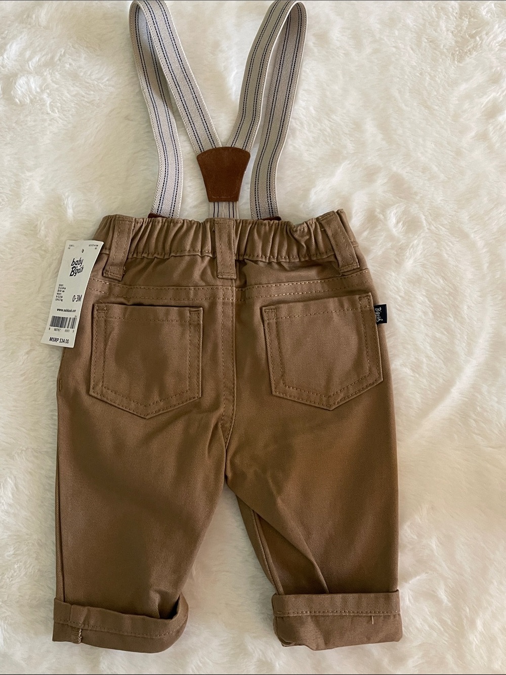 Baby BGosh Tan Brown Infants Overalls with Striped Suspenders SZ 0-3 months